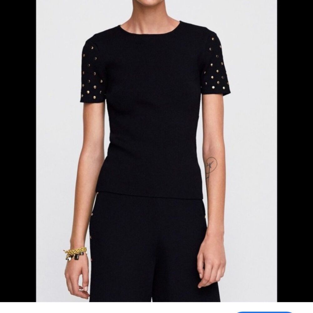 Zara Knit Ribbed Short Sleeve Top Black Gold Stud Embellished Womens